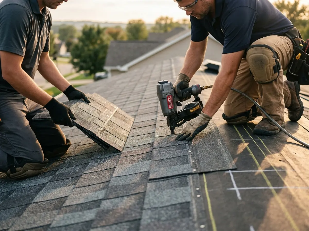 Professional roofer working on a residential roof in Solvang